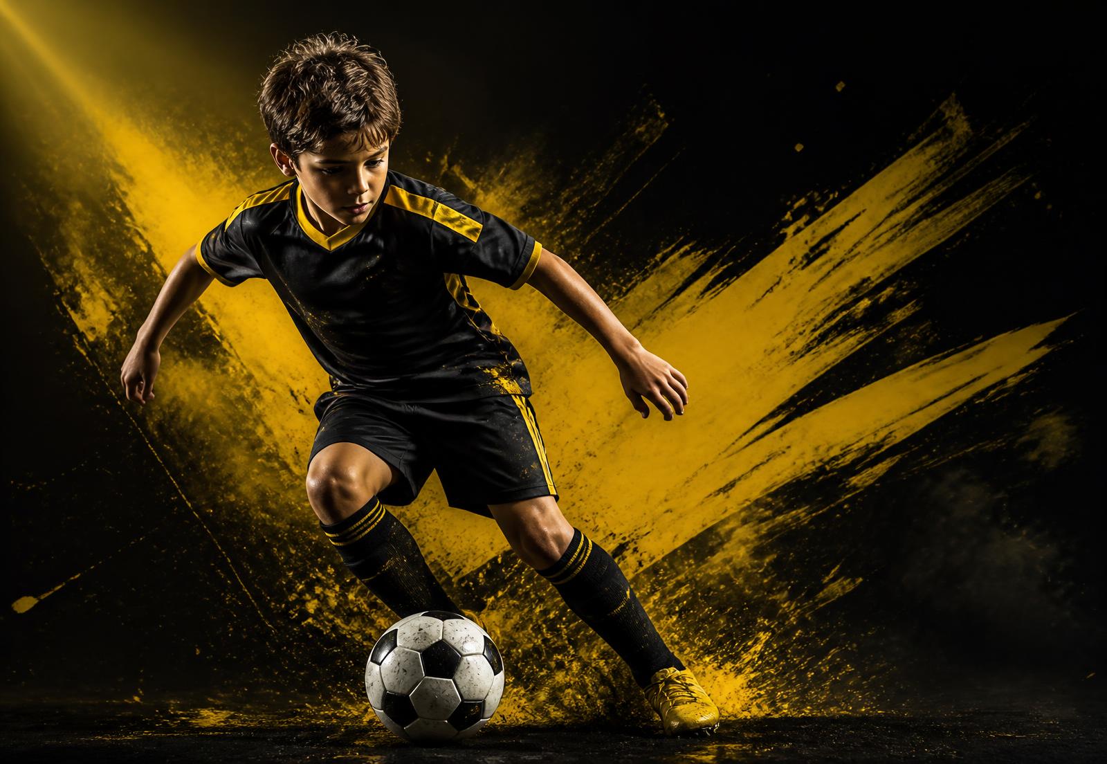 Ung fotbollsspelare i svart och gult driver bollen på Skillz Camp